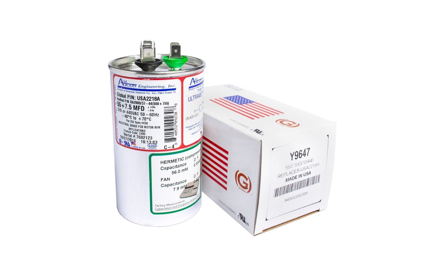 Lennox  Y9647 - AmRad USA2218A, 55/7.5 MFD Dual Run Capacitor, 440 VAC, Round
