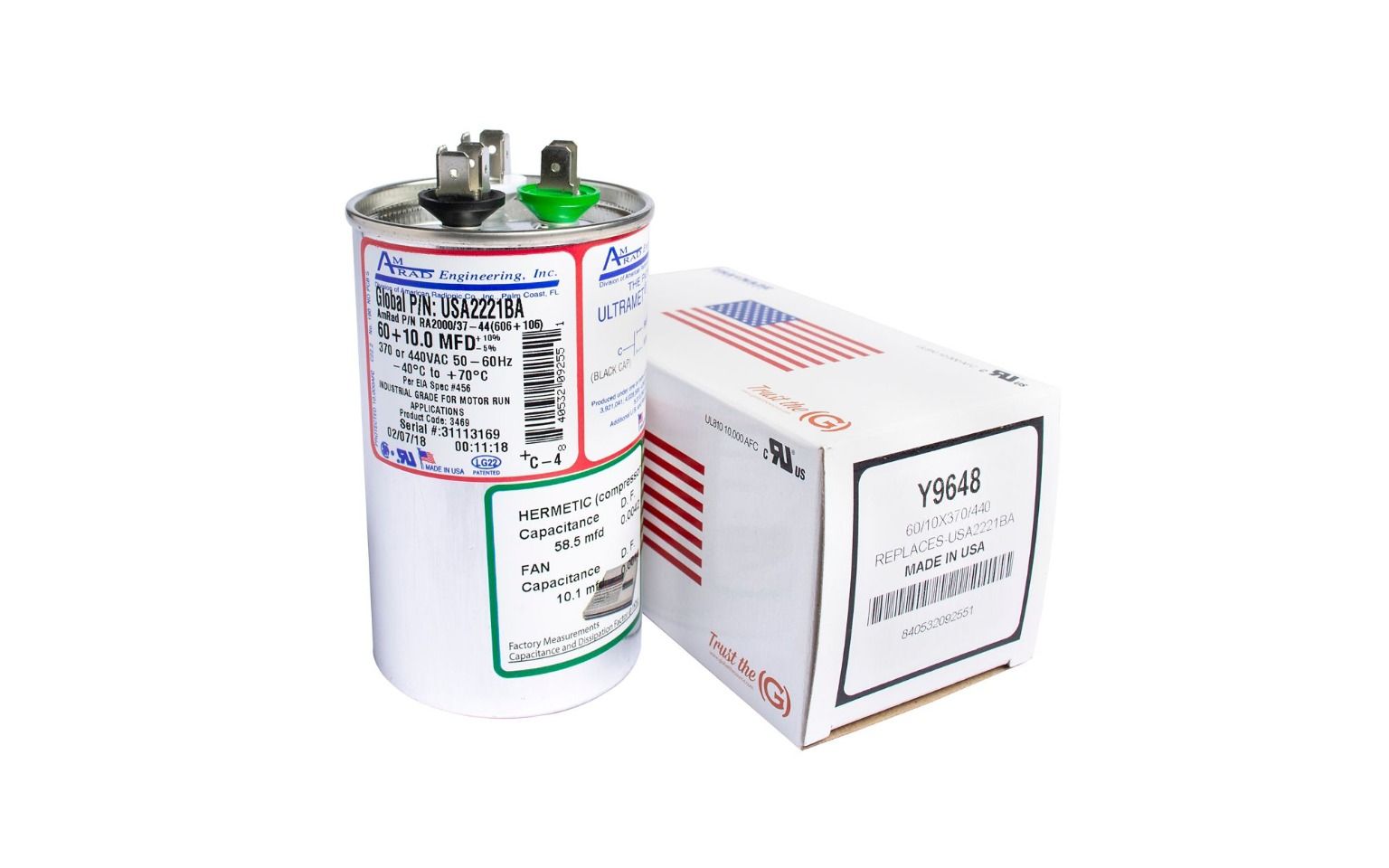AmRad USA2221BA, 60/10 MFD Dual Run Capacitor, 440 VAC, Round