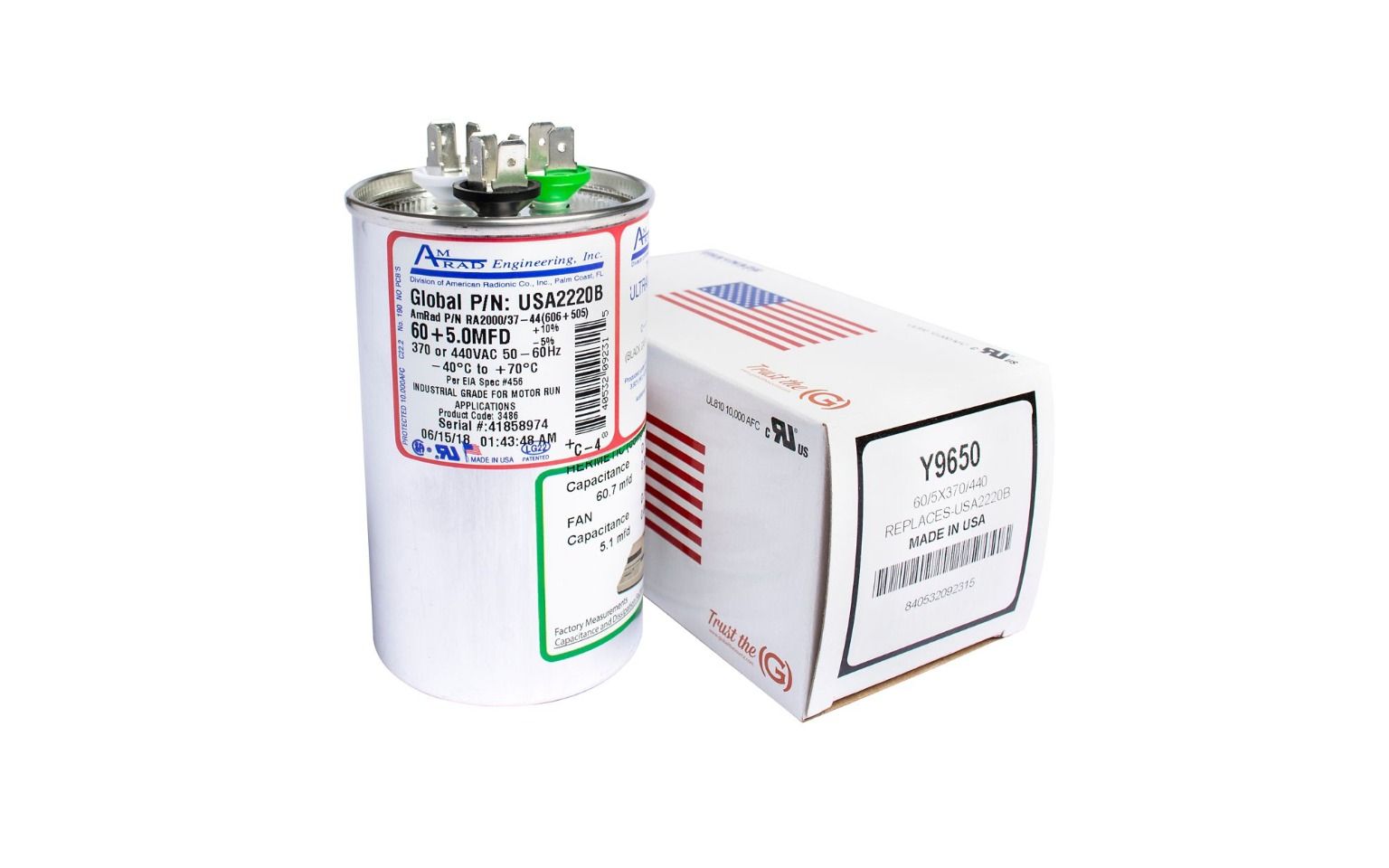 Lennox Y9650 - AmRad USA2220B, 60/5 MFD Dual Run Capacitor, 440 VAC, Round
