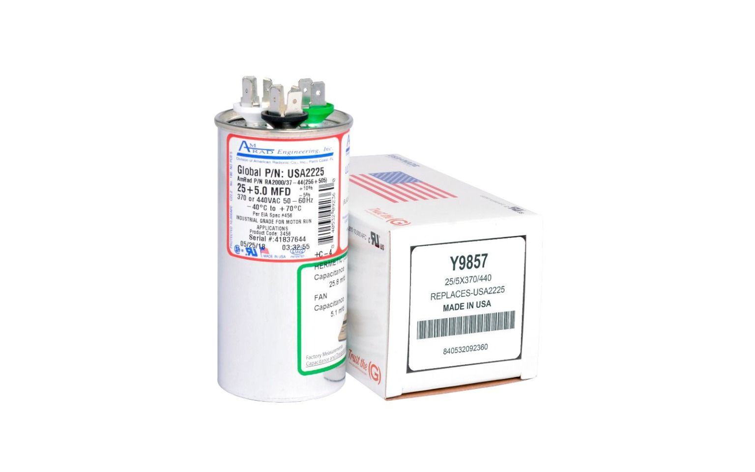 Lennox  Y9857 - AmRad USA2225, 25/5 MFD Dual Run Capacitor, 440 VAC, Round
